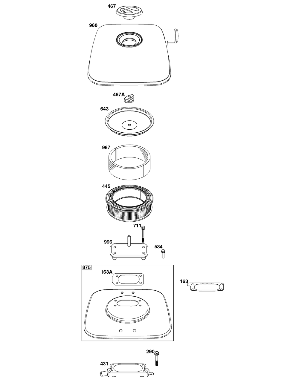 Air Cleaner Group Diagram and Parts List for 61E377-0140-J1 400000 - 699999 Briggs and Stratton Engine
